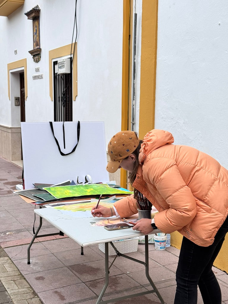 Maryna Riepnova painting a plein-air in Fuente Palmera, Córdoba. Pintura rápida contest.